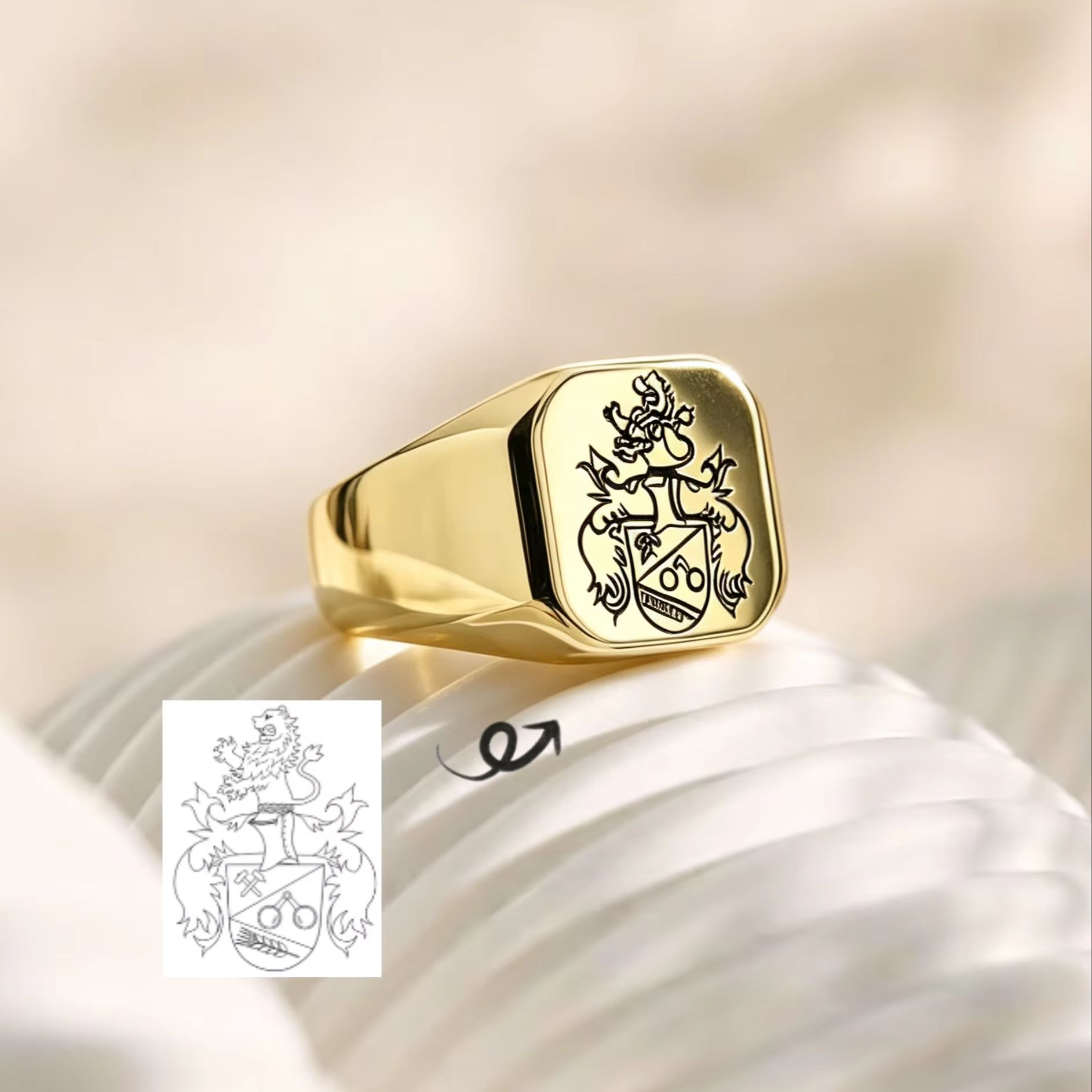 Anel de sinete com brasão de f - Mens Signet Ring avaliação e preço